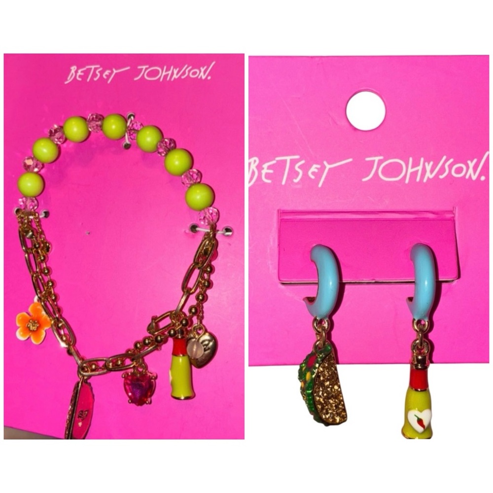 BETSEY JOHNSON SET Lime & Tabasco Bottle Huggy Earrings & Charm Bracelet NEW NWT